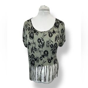 Sans Souci Womens Short Sleeve Fringe Hem Boho Grunge Western Top Olive Black M